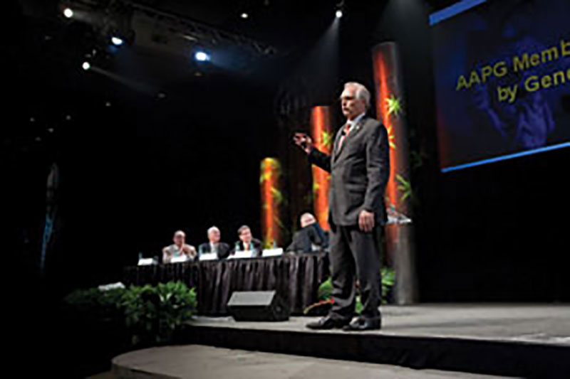 AAPG President David Rensink delivers the address at the opening of this year’s Annual Convention and Exhibition in Houston. Unofficial totals indicate more than 8,300 people attended the annual meeting, making it the largest AAPG gathering of the 21st century. A complete report will be included in the June EXPLORER.